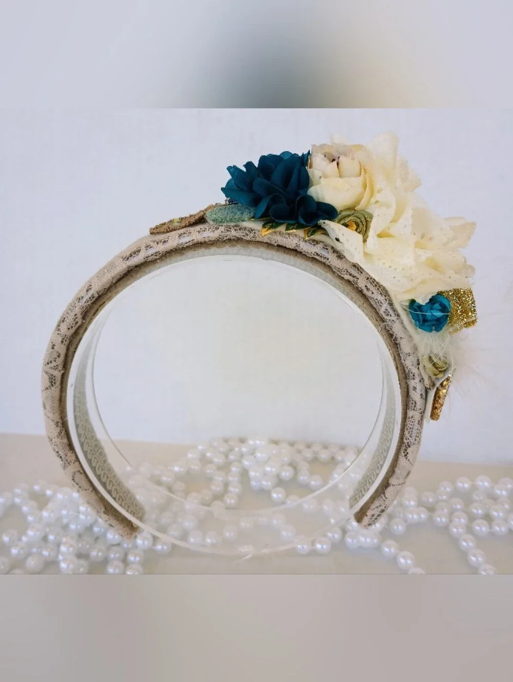 Handmade Vintage Floral Headband Ivory & Teal Romantic Boho Hair Accessory.